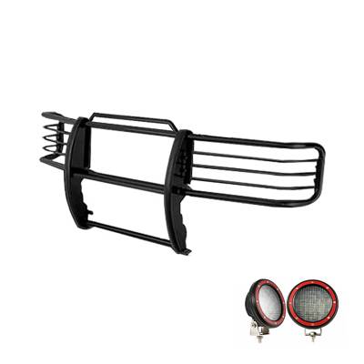 Grille Guard With Set of 5.3" Red Trim Rings LED Flood Lights-Black-Expedition/F-150|Black Horse Off Road