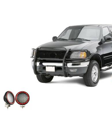 Grille Guard With Set of 5.3" Red Trim Rings LED Flood Lights-Black-Expedition/F-150/F-250 Super Duty|Black Horse Off Road