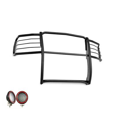 Grille Guard With Set of 5.3" Red Trim Rings LED Flood Lights-Black-2014-2018 Chevrolet Silverado 1500|Black Horse Off Road