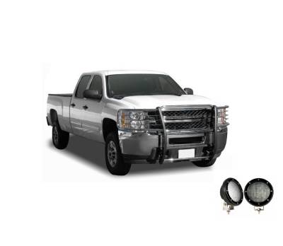 Grille Guard With Set of 5.3".Black Trim Rings LED Flood Lights-Stainless Steel-2014-2018 Chevrolet Silverado 1500|Black Horse Off Road