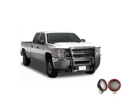 Grille Guard With Set of 5.3" Red Trim Rings LED Flood Lights-Stainless Steel-2014-2018 Chevrolet Silverado 1500|Black Horse Off Road