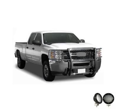 Grille Guard With Set of 5.3".Black Trim Rings LED Flood Lights-Stainless Steel-2007-2013 Chevrolet Silverado 1500|Black Horse Off Road