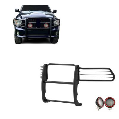 Grille Guard With Set of 5.3" Red Trim Rings LED Flood Lights-Black-Ram 1500/1500/1500 Classic|Black Horse Off Road