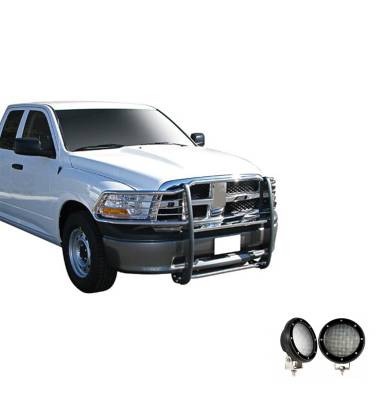 Grille Guard With Set of 5.3".Black Trim Rings LED Flood Lights-Stainless Steel-Ram 1500/1500/1500 Classic|Black Horse Off Road