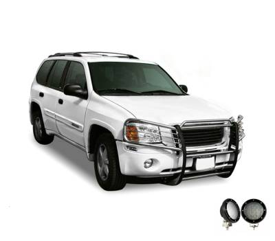 Grille Guard With Set of 5.3".Black Trim Rings LED Flood Lights-Stainless Steel-2002-2009 GMC Envoy|Black Horse Off Road