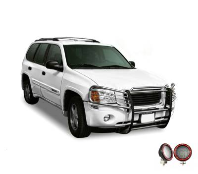 Grille Guard With Set of 5.3" Red Trim Rings LED Flood Lights-Stainless Steel-2002-2009 GMC Envoy|Black Horse Off Road