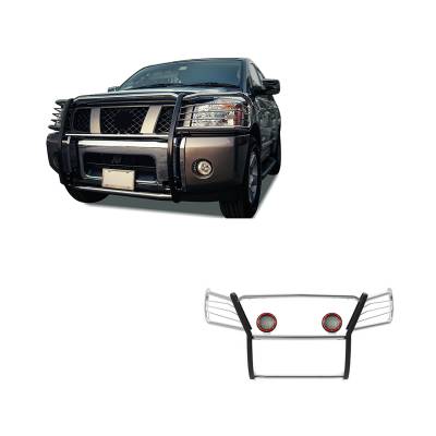 Grille Guard With Set of 5.3" Red Trim Rings LED Flood Lights-Stainless Steel-Armada/Titan/Titan|Black Horse Off Road