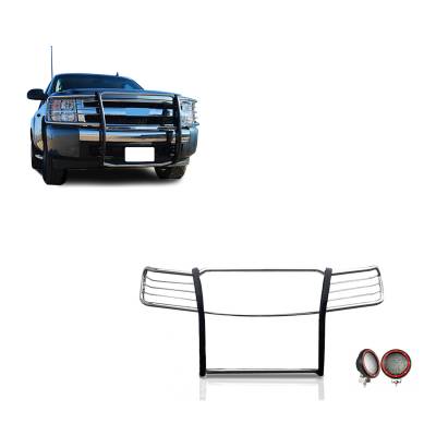 Grille Guard With Set of 5.3" Red Trim Rings LED Flood Lights-Stainless Steel-2007-2013 Chevrolet Silverado 1500|Black Horse Off Road