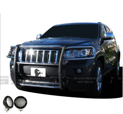 Grille Guard With Set of 5.3".Black Trim Rings LED Flood Lights-Stainless Steel-2011-2021 Jeep Grand Cherokee|Black Horse Off Road