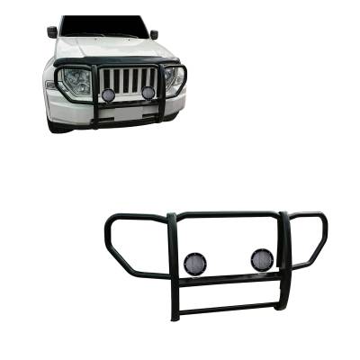 Grille Guard With Set of 5.3".Black Trim Rings LED Flood Lights-Black-2008-2012 Jeep Liberty|Black Horse Off Road