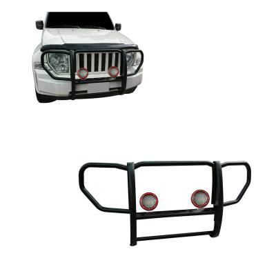 Grille Guard With Set of 5.3" Red Trim Rings LED Flood Lights-Black-2008-2012 Jeep Liberty|Black Horse Off Road
