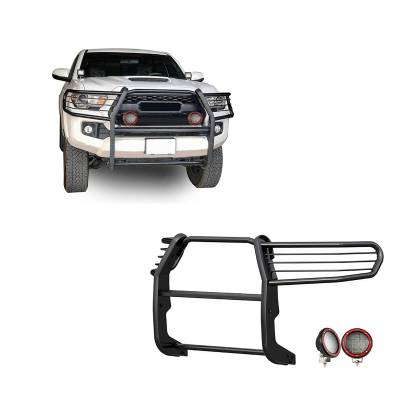 Grille Guard With Set of 5.3" Red Trim Rings LED Flood Lights-Black-2016-2023 Toyota Tacoma|Black Horse Off Road