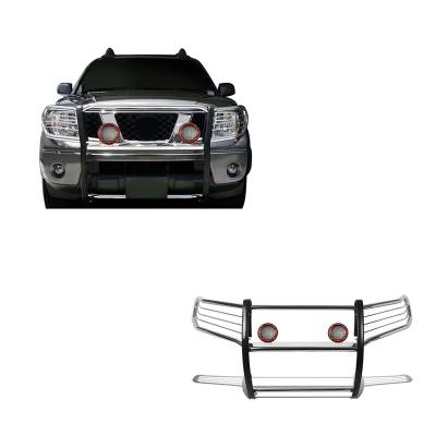 Grille Guard With Set of 5.3" Red Trim Rings LED Flood Lights-Stainless Steel-Frontier/Pathfinder|Black Horse Off Road