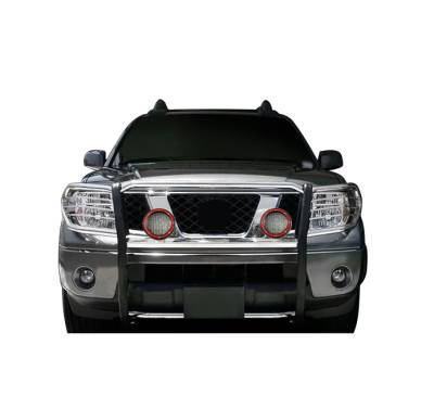 Grille Guard With Set of 5.3" Red Trim Rings LED Flood Lights-Stainless Steel-Frontier/Pathfinder|Black Horse Off Road