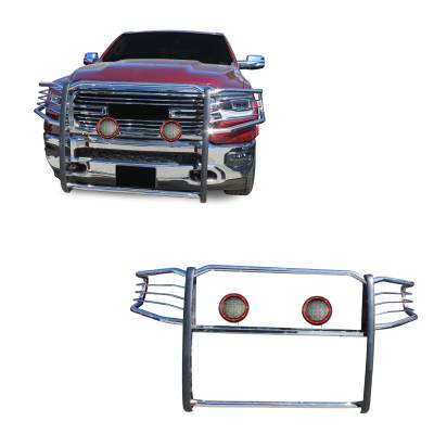 Grille Guard With Set of 5.3" Red Trim Rings LED Flood Lights-Stainless Steel-2019-2024 Ram 1500|Black Horse Off Road