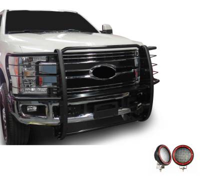 Grille Guard With Set of 5.3" Red Trim Rings LED Flood Lights-Black-F-250/F-350/F-450/F-550 SD|Black Horse Off Road