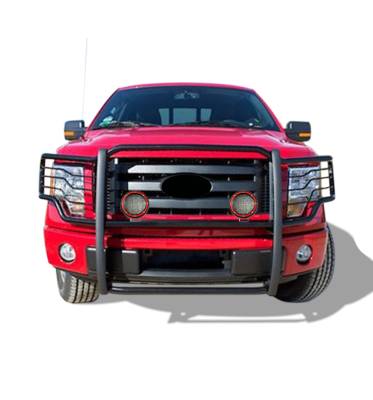 Grille Guard With Set of 5.3" Red Trim Rings LED Flood Lights-Black-2009-2014 Ford F-150|Black Horse Off Road