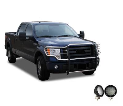 Grille Guard With Set of 5.3".Black Trim Rings LED Flood Lights-Stainless Steel-2009-2014 Ford F-150|Black Horse Off Road