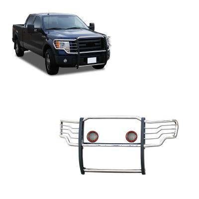 Grille Guard With Set of 5.3" Red Trim Rings LED Flood Lights-Stainless Steel-2009-2014 Ford F-150|Black Horse Off Road