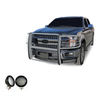 Grille Guard With Set of 5.3".Black Trim Rings LED Flood Lights-Stainless Steel-2015-2023 Ford F-150|Black Horse Off Road