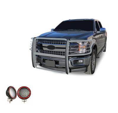 Grille Guard With Set of 5.3" Red Trim Rings LED Flood Lights-Stainless Steel-2015-2024 Ford F-150|Black Horse Off Road