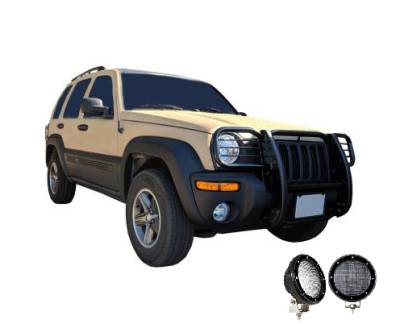 Grille Guard With Set of 5.3".Black Trim Rings LED Flood Lights-Black-2002-2007 Jeep Liberty|Black Horse Off Road