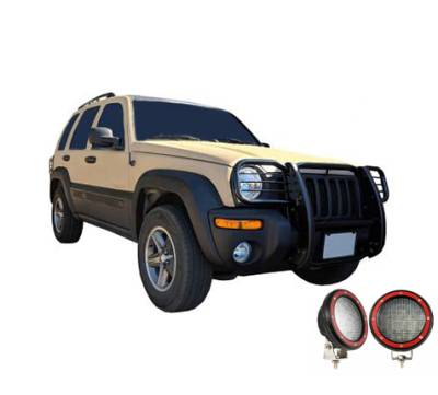 Grille Guard With Set of 5.3" Red Trim Rings LED Flood Lights-Black-2002-2007 Jeep Liberty|Black Horse Off Road