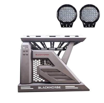 ARMOUR II Roll Bar Ladder Rack W/Basket With Set of 9" Black Round LED Light-Black-Colorado/Canyon|Black Horse Off Road