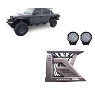 ARMOUR II Roll Bar Ladder Rack W/Basket With Set of 9" Black Round LED Light-Black-2019-2023 Jeep Gladiator|Black Horse Off Road