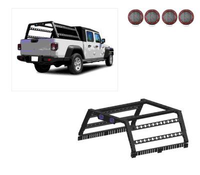 Overland Bed Rack With 2 Sets of 5.3" Red Trim Rings LED Flood Lights-Black-Full Size Trucks and Small Trucks|Black Horse Off Road - Image 1
