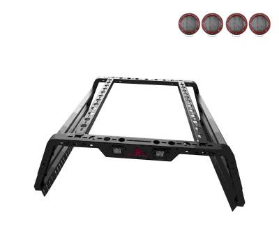 Overland Bed Rack With 2 Sets of 5.3" Red Trim Rings LED Flood Lights-Black-Full Size Trucks and Small Trucks|Black Horse Off Road - Image 8