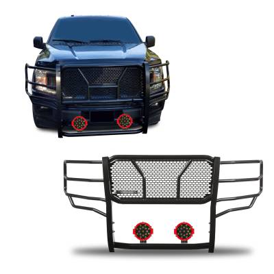 RUGGED Heavy Duty Grille Guard With Set of 7.0" Red Trim Rings LED Flood Lights-Black-2015-2020 Ford F-150|Black Horse Off Road