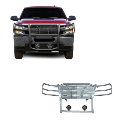 RUGGED Heavy Duty Grille Guard With Set of 7.0" Black Trim Rings LED Flood Lights-Black-2007-2013 Chevrolet Silverado 1500|Black Horse Off Road