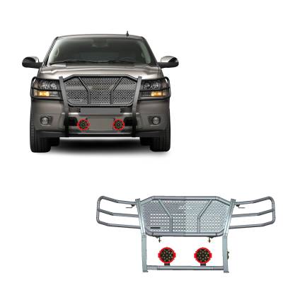 Rugged Heavy Duty Grille Guard With Set of 7.0" Red Trim Rings LED Flood Lights-Black-Tahoe/Suburban 1500/Avalanche|Black Horse Off Road