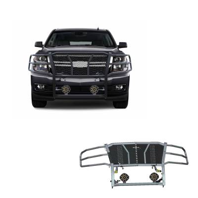 RUGGED Heavy Duty Grille Guard With Set of 7.0" Black Trim Rings LED Flood Lights-Black-Tahoe/Suburban|Black Horse Off Road