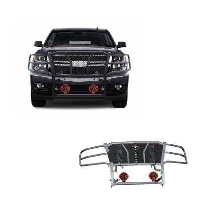 RUGGED Heavy Duty Grille Guard With Set of 7.0" Red Trim Rings LED Flood Lights-Black-Tahoe/Suburban|Black Horse Off Road
