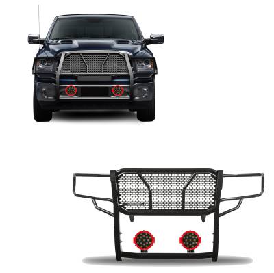 RUGGED Heavy Duty Grille Guard With Set of 7.0" Red Trim Rings LED Flood Lights-Black-1500 Classic/1500/Ram 1500|Black Horse Off Road
