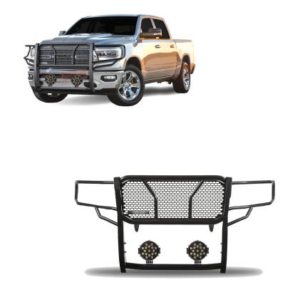 RUGGED Heavy Duty Grille Guard With Set of 7.0" Black Trim Rings LED Flood Lights-Black-2019-2024 Ram 1500|Black Horse Off Road