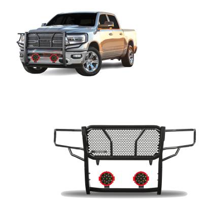 RUGGED Heavy Duty Grille Guard With Set of 7.0" Red Trim Rings LED Flood Lights-Black-2019-2024 Ram 1500|Black Horse Off Road