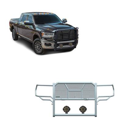 RUGGED Heavy Duty Grille Guard With Set of 7.0" Black Trim Rings LED Flood Lights-Black-2500/3500|Black Horse Off Road