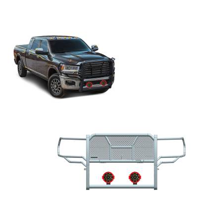 RUGGED Heavy Duty Grille Guard With Set of 7.0" Red Trim Rings LED Flood Lights-Black-2500/3500|Black Horse Off Road