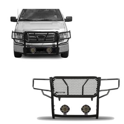 RUGGED Heavy Duty Grille Guard With Set of 7.0" Black Trim Rings LED Flood Lights-Black-2009-2014 Ford F-150|Black Horse Off Road