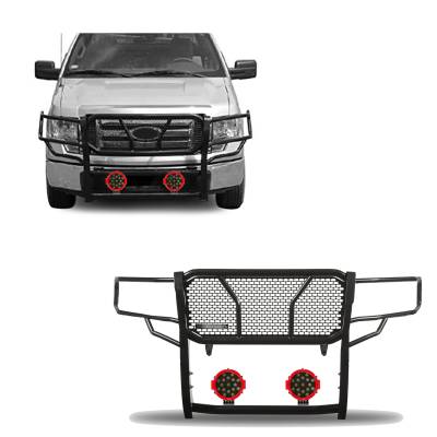 RUGGED Heavy Duty Grille Guard With Set of 7.0" Red Trim Rings LED Flood Lights-Black-2009-2014 Ford F-150|Black Horse Off Road