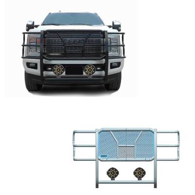 RUGGED Heavy Duty Grille Guard With Set of 7.0" Black Trim Rings LED Flood Lights-Black-F-250/F-350/F-450/F-550 SD|Black Horse Off Road