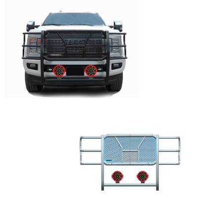 RUGGED Heavy Duty Grille Guard With Set of 7.0" Red Trim Rings LED Flood Lights-Black-F-250/F-350/F-450/F-550 SD|Black Horse Off Road