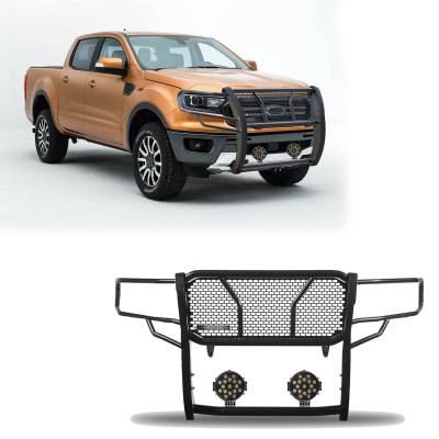 RUGGED Heavy Duty Grille Guard With Set of 7.0" Black Trim Rings LED Flood Lights-Black-2019-2023 Ford Ranger|Black Horse Off Road