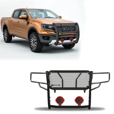 RUGGED Heavy Duty Grille Guard With Set of 7.0" Red Trim Rings LED Flood Lights-Black-2019-2023 Ford Ranger|Black Horse Off Road