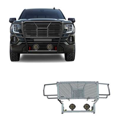 RUGGED Heavy Duty Grille Guard With Set of 7.0" Black Trim Rings LED Flood Lights-Black-2019-2021 GMC Sierra 1500|Black Horse Off Road