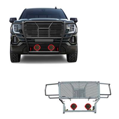 RUGGED Heavy Duty Grille Guard With Set of 7.0" Red Trim Rings LED Flood Lights-Black-2019-2021 GMC Sierra 1500|Black Horse Off Road