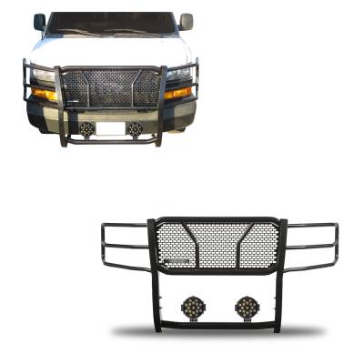 RUGGED Heavy Duty Grille Guard With Set of 7.0" Black Trim Rings LED Flood Lights-Black-2003-2014 Chevrolet Express 1500/2003-2024 Chevrolet Express 2500-3500/2009-2024 Chevrolet Express 4500-Express Cargo|Black Horse Off Road